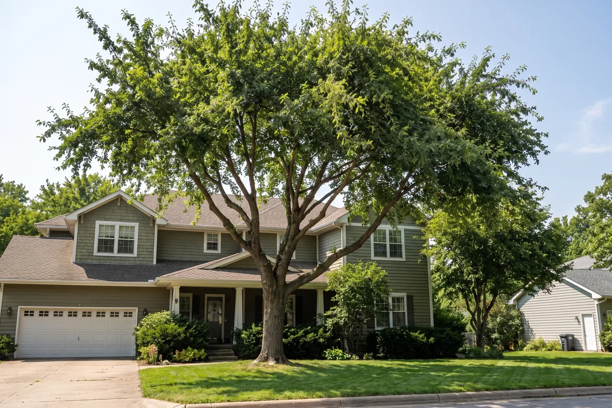 Before and after tree trimming by Veteran Group Services — an overgrown tree professionally thinned and shaped.